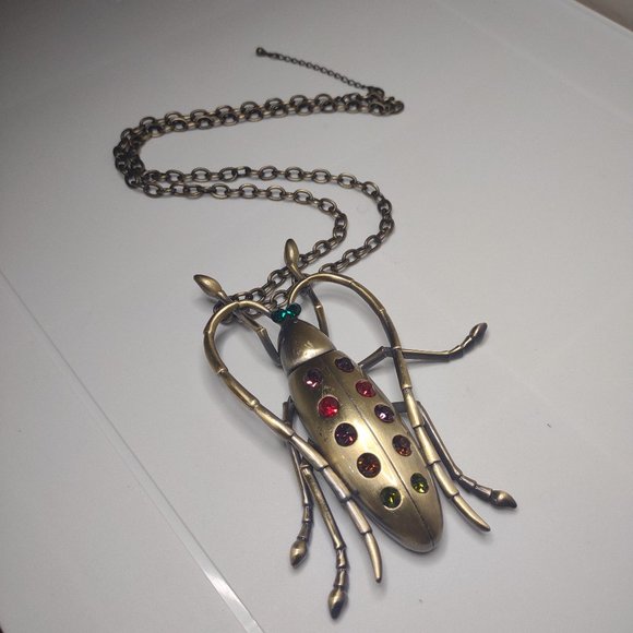 Large Metal Bug Pendant Necklace Adjustable 27 To 28.5 Inches Long - Picture 1 of 15